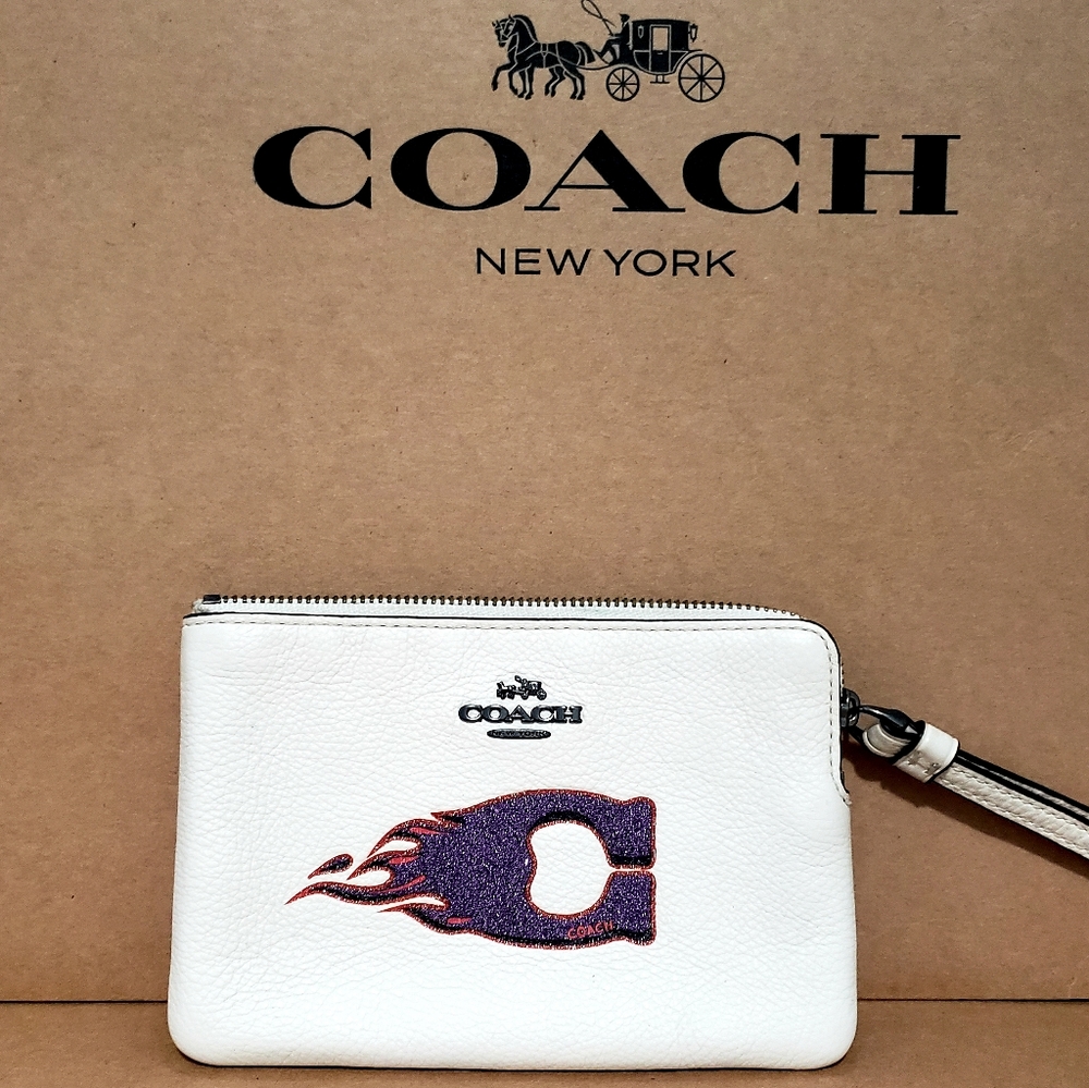 Coach White Corner Zip Glitter Logo Wristlet